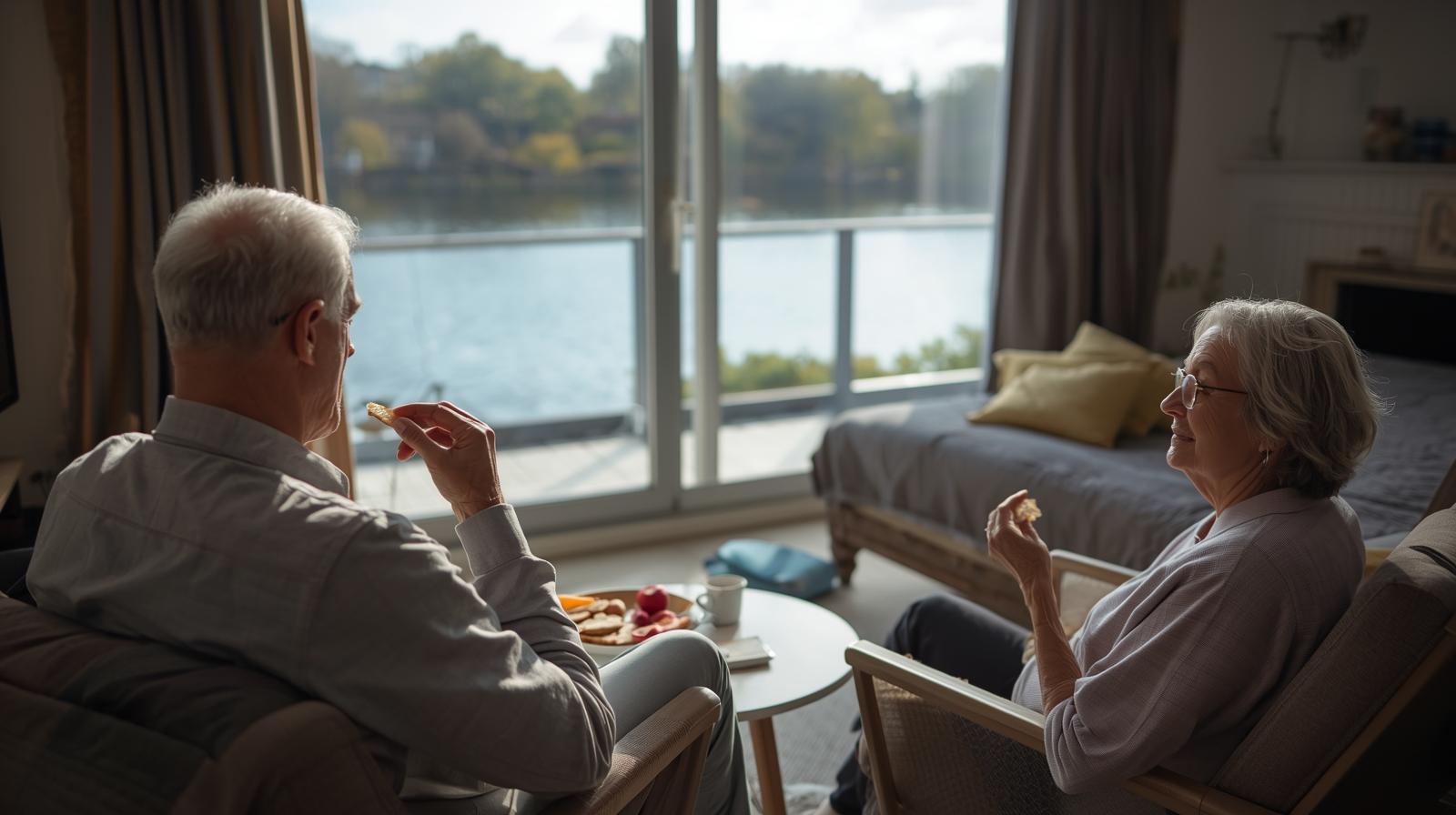 Eating by the river, making it easy for my wife to join in.